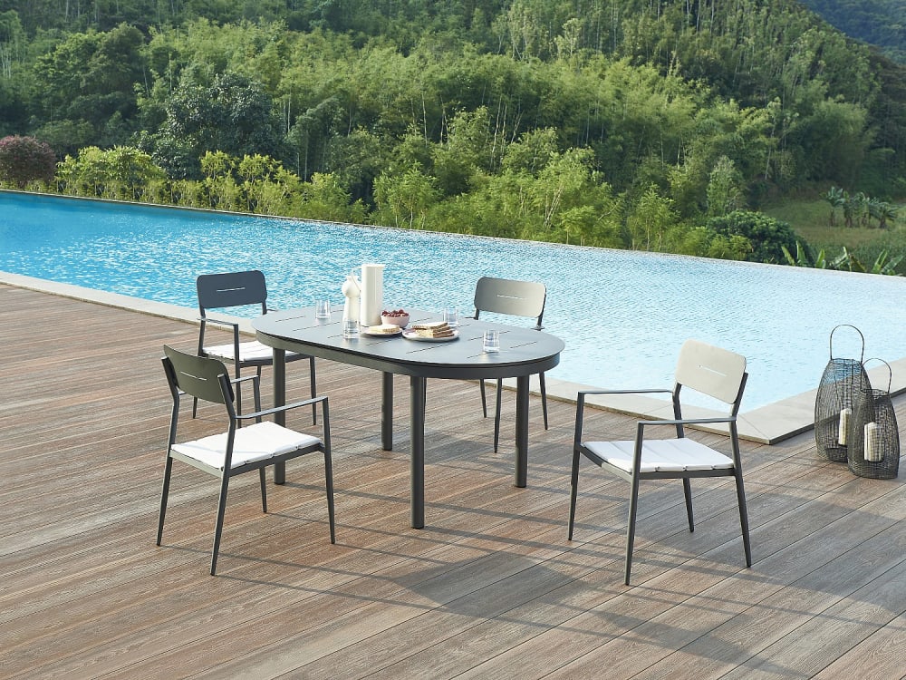 Salle à manger de jardin en aluminium: table extensible L.170/220 cm et 4 fauteuils empilables - Anthracite - LOTTYS de MYLIA