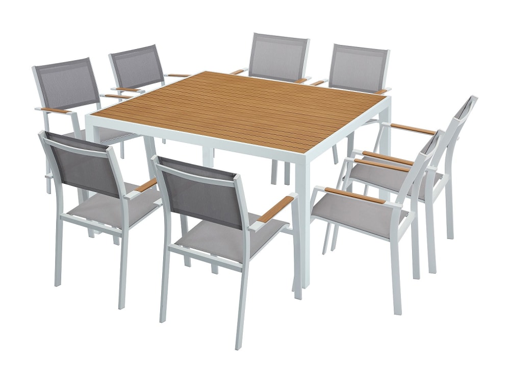 Salle à manger de jardin en aluminium: une table carrée L.140 cm et 8 fauteuils empilables - Naturel clair et gris - MACILA de