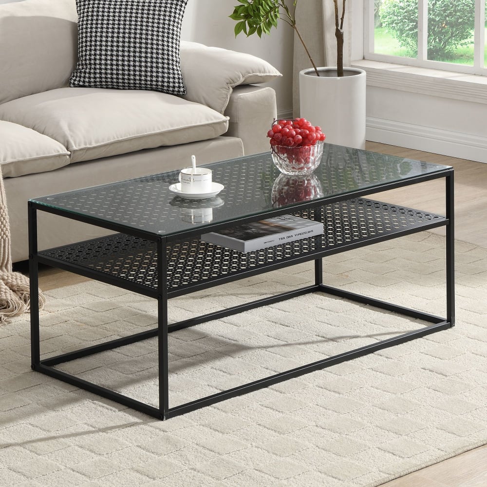 Table basse table de salon rectangulaire verre 100 cm étagère en métal moderne FineBuy