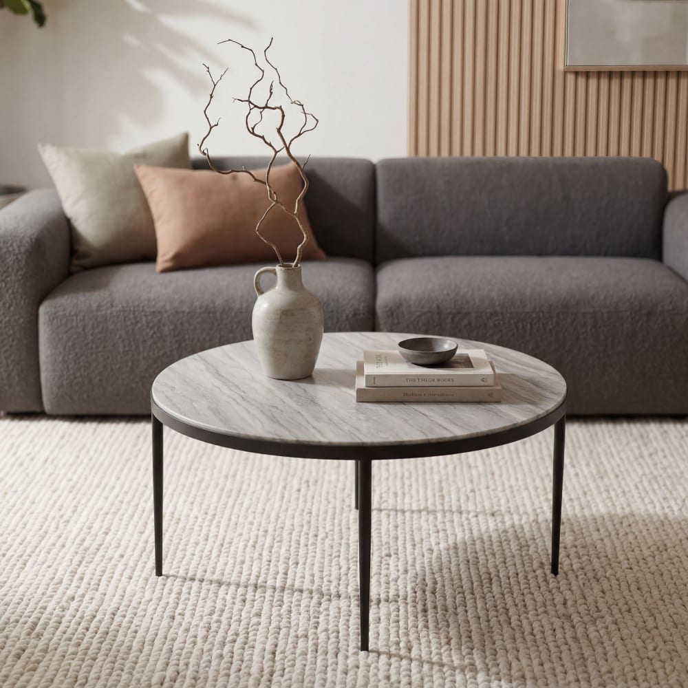Table basse 70cm avec plateau marbre blanc Table de salon Table d'appoint ronde FineBuy