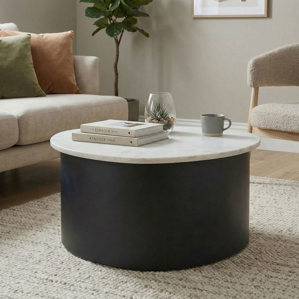 Table basse 63cm Marbre Blanc Table de salon Table d'appoint Métal Aluminium Noir FineBuy