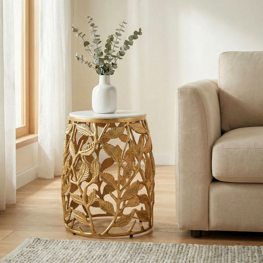 Table D'appoint 40cm Marbre Table De Salon Alu Table De Canapé Table Basse Ronde Or