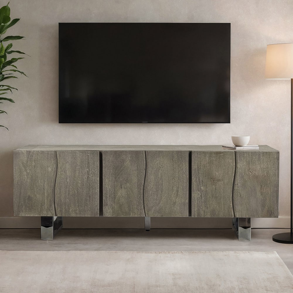 Finebuy Meuble Tv Acacia Gris Fumé 160x56x46 Cm 3 Portes Pieds Métal Salon