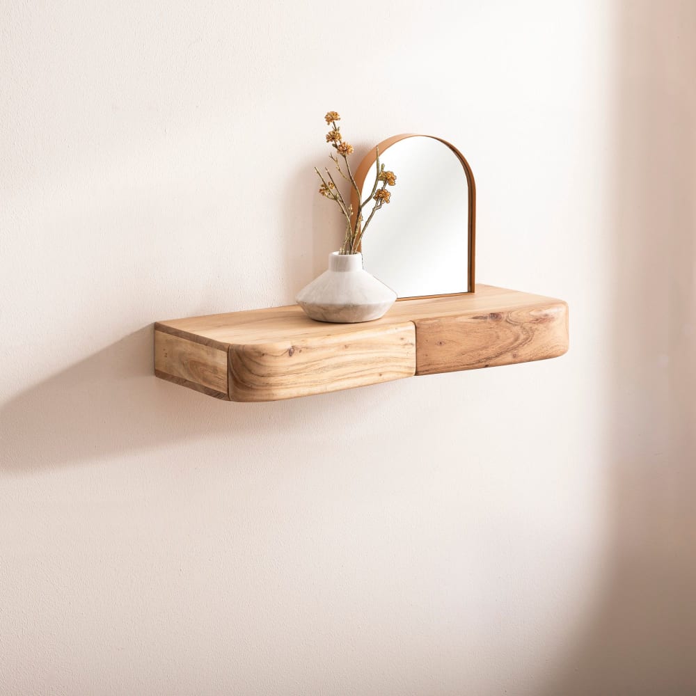 Étagère murale 60 cm en acacia, étagère suspendue avec tiroir, tablette murale en bois FineBuy