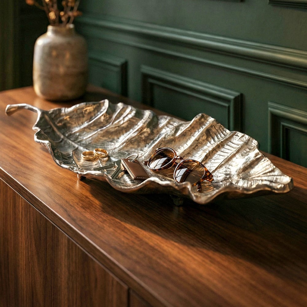 Coupe décorative Feuille Aluminium Bol 67cm Décoration de table Alu Métal long Argenté FineBuy