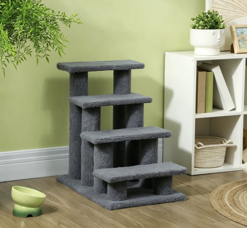 Escalier pour animaux 4 marches gris en panneaux de particules avec revêtement peluche