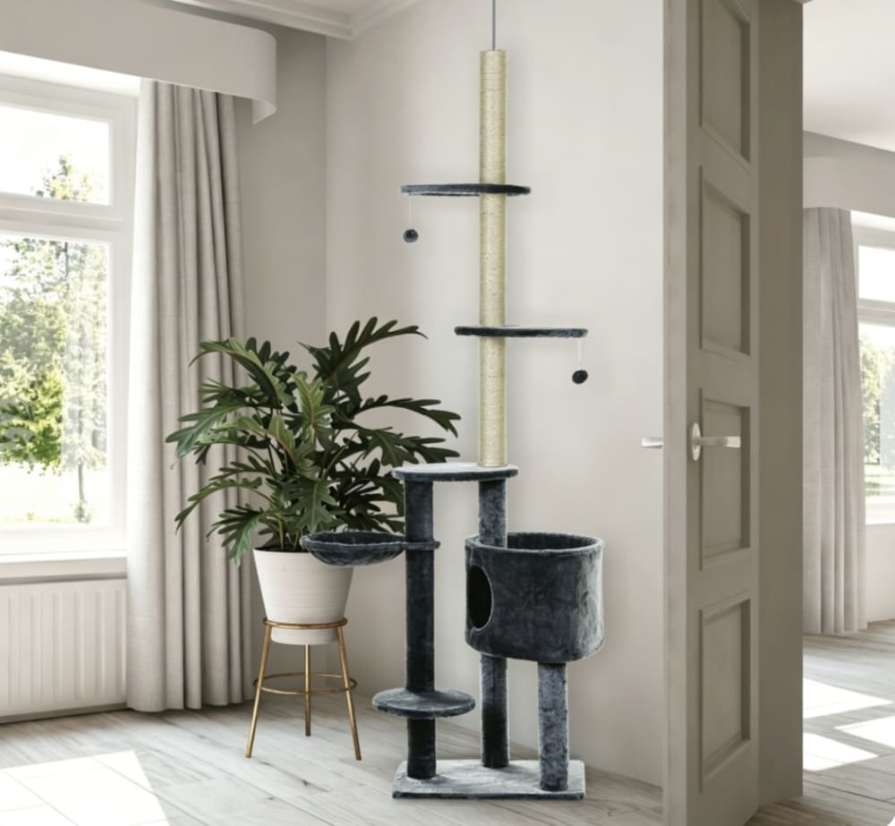 Arbre à chat plafond en peluche gris foncé H220-265 cm avec niches et hamac
