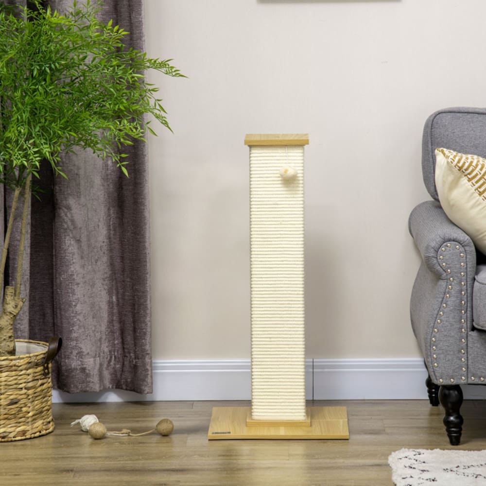 Arbre à chat 80 cm en sisal naturel et peluche beige avec jouet suspendu