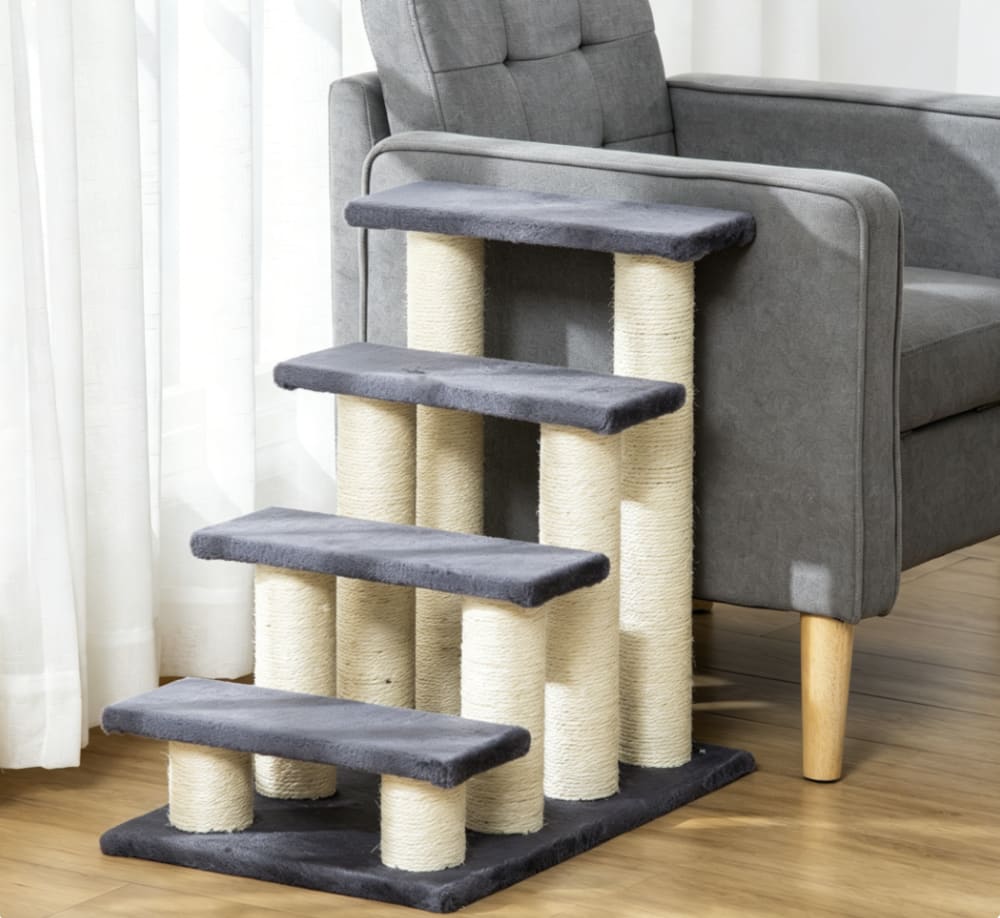 Escalier pour animaux 4 marches en panneau de particules gris, revêtement peluche