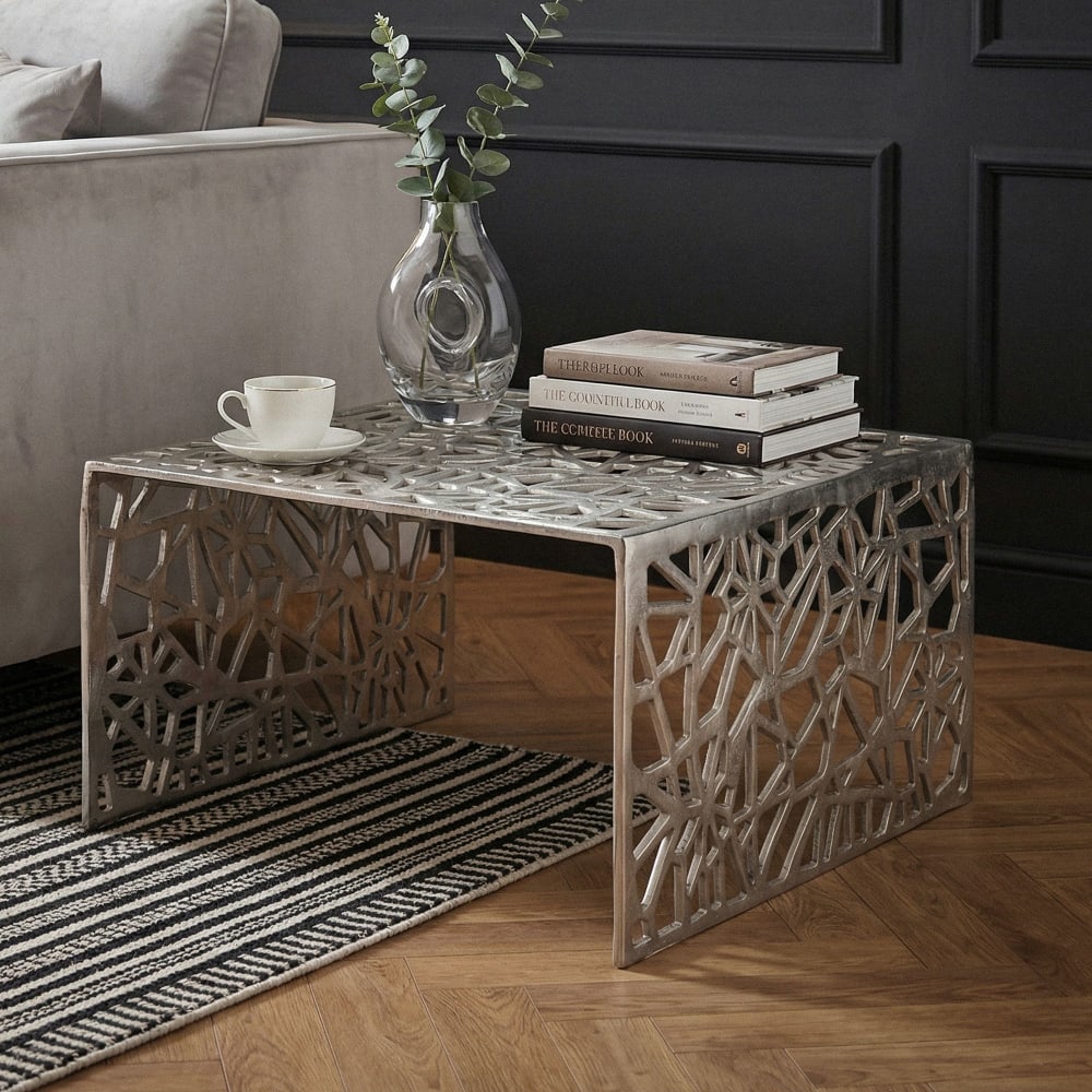 Table basse 60cm Argent Aluminium Table de canapé Alu Table de salon Métal Carrée FineBuy