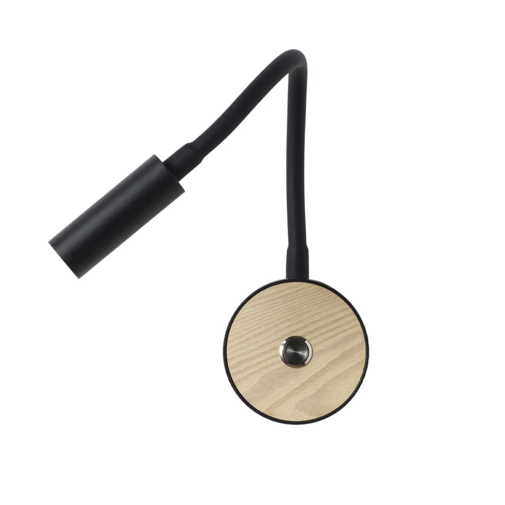 Applique murale LED 3W avec bras flexible noir, base bois et interrupteur intégré, liseuse orientable