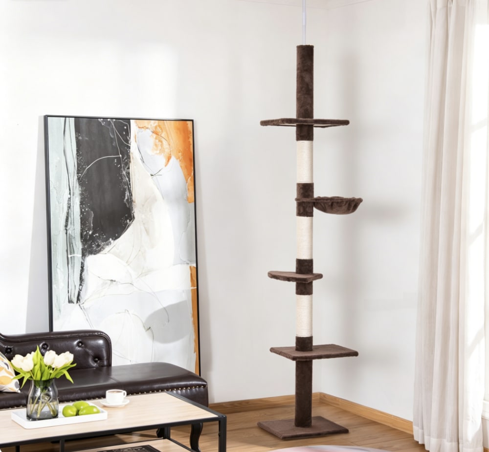 Arbre à chat 230-260 cm marron en panneaux de particules avec poteaux en sisal