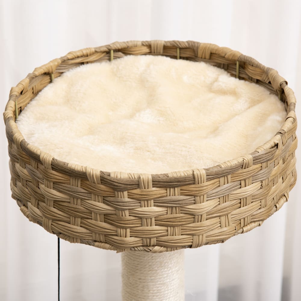 Arbre à chat 95 cm en rotin PE naturel avec niche et balle suspendue