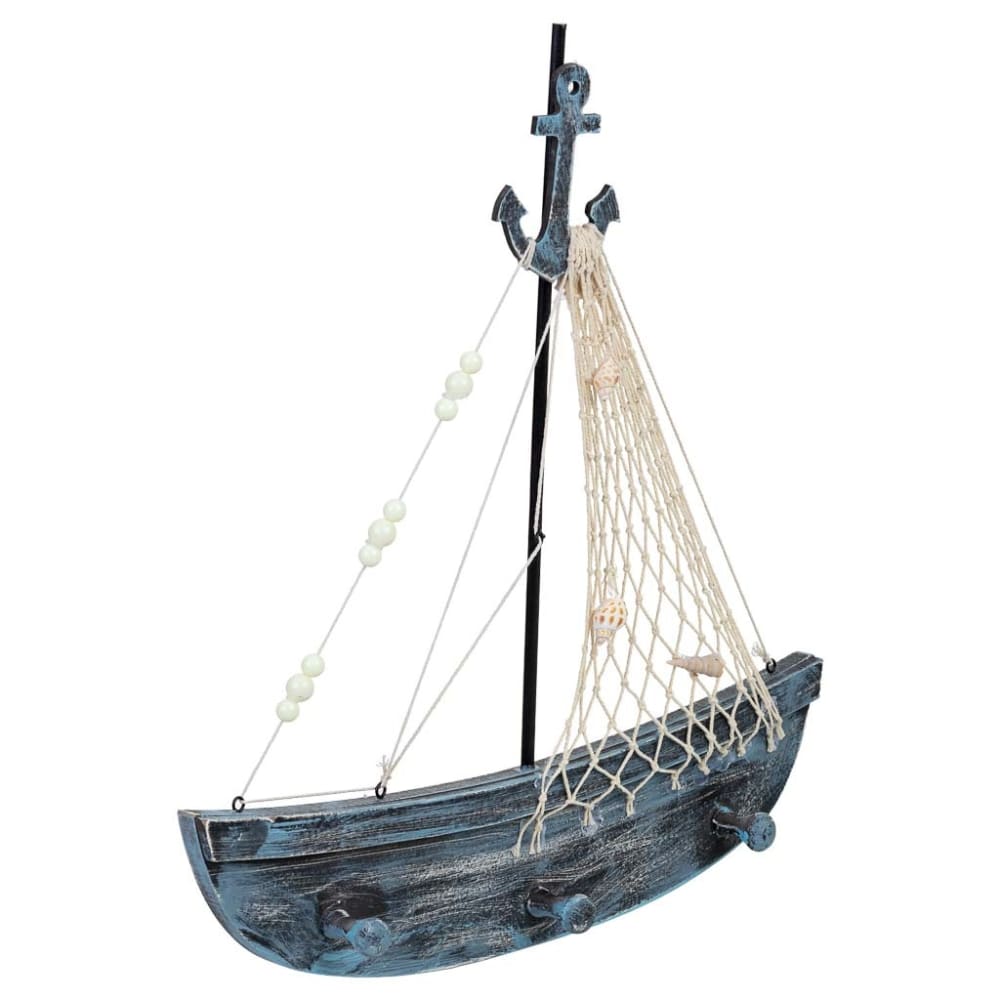 Patère En Bois Bateau À 2 Crochets Bleu 35x5x39 Cm