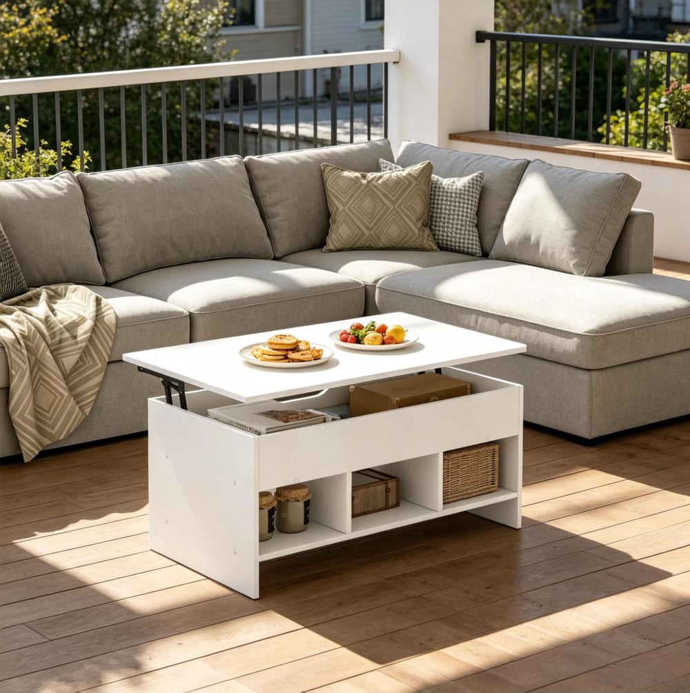 Table Basse Relevable Avec Rangement Et 3 Niches Ouvertes, Blanc, 96x45x51/96x60,5x72,5 Cm