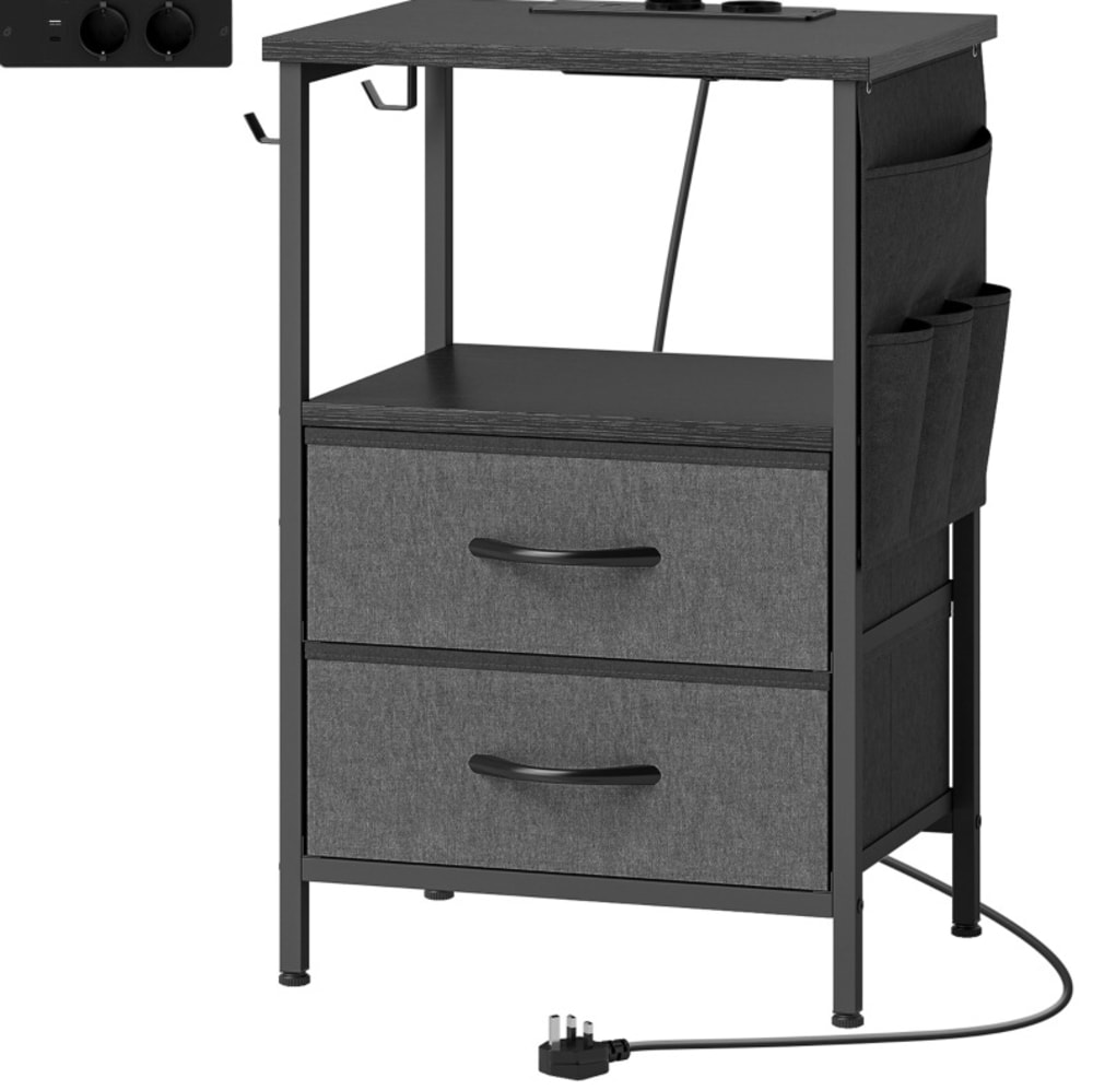 Table auxiliaire industrielle avec multiprise USB et USB C 2 tiroirs en tissu poche crochets en Bois acier noir 40 x 30 x 60 cm
