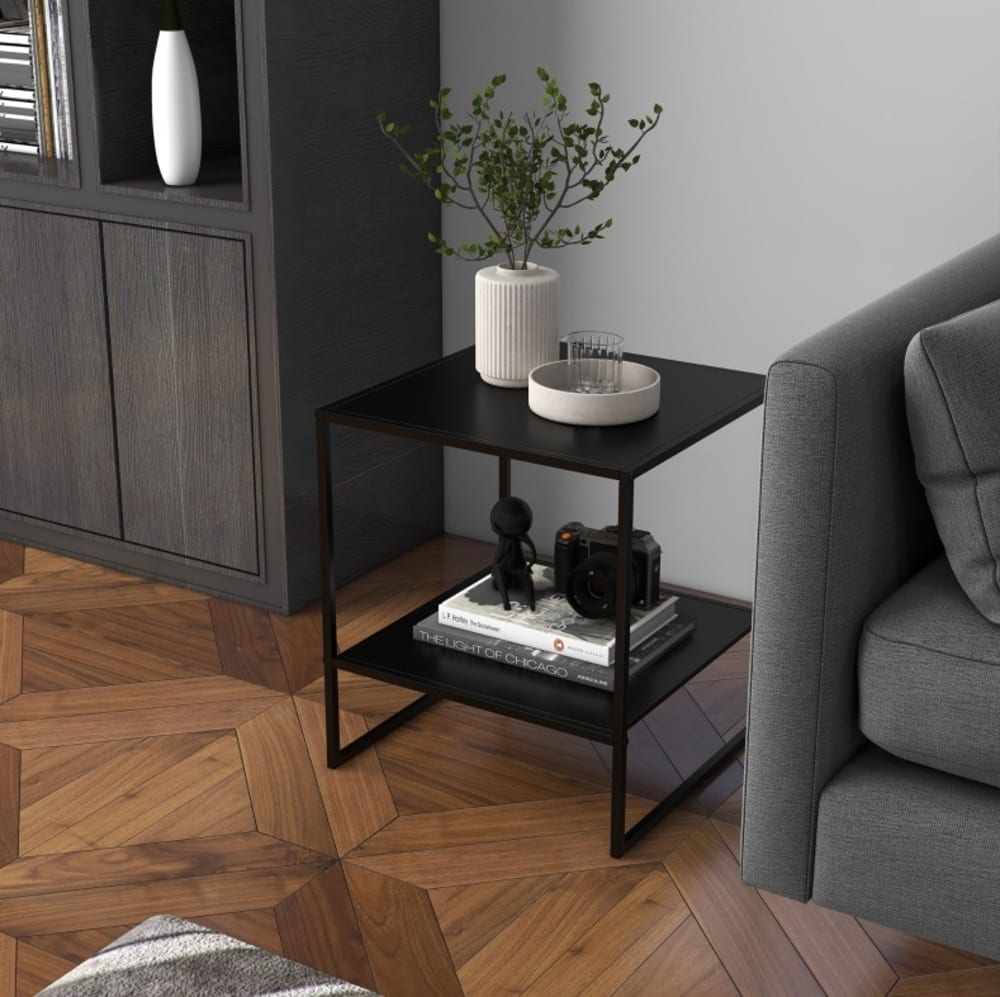 Table auxiliaire table de chevet avec rangements ouverts cadre en acier noir 40 x 40 x 45 cm