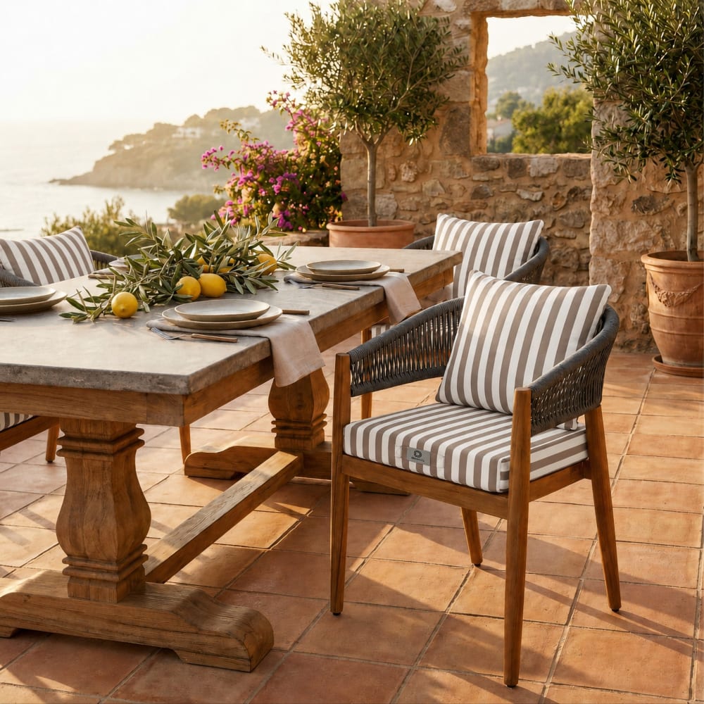 Ensemble Coussins Chaise Jardin 40x40 Rayure Beige - Premium 270g (assise + Dossier)