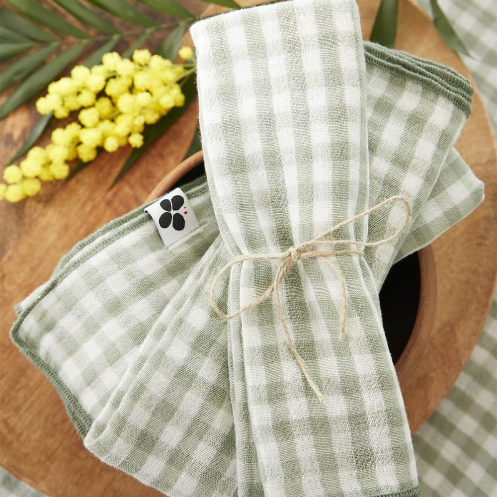 Joel - Lot De 3 Serviettes 40x40cm Gaze De Coton Vichy Coloris Eucalyptus