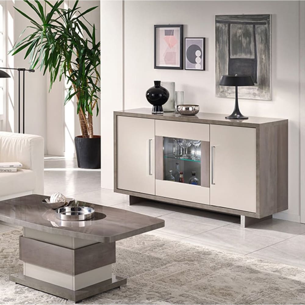 AUXANE - Buffet 3 Portes Gris Acier Metallisé et Gris Mat avec Leds