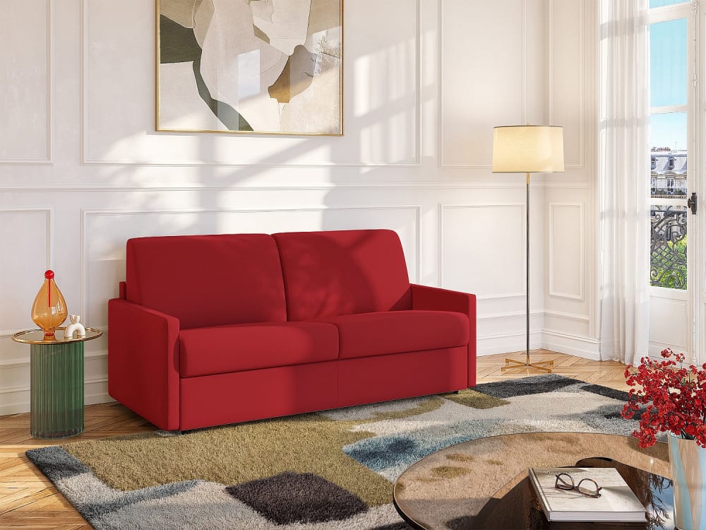 Canapé 3 places convertible express en tissu rouge - Couchage 140 cm - matelas 18 cm CALIFE