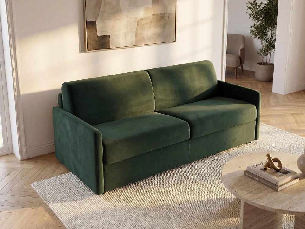 Canapé 3 places convertible express en velours vert sapin - Couchage 140 cm - matelas 18 cm CALIFE