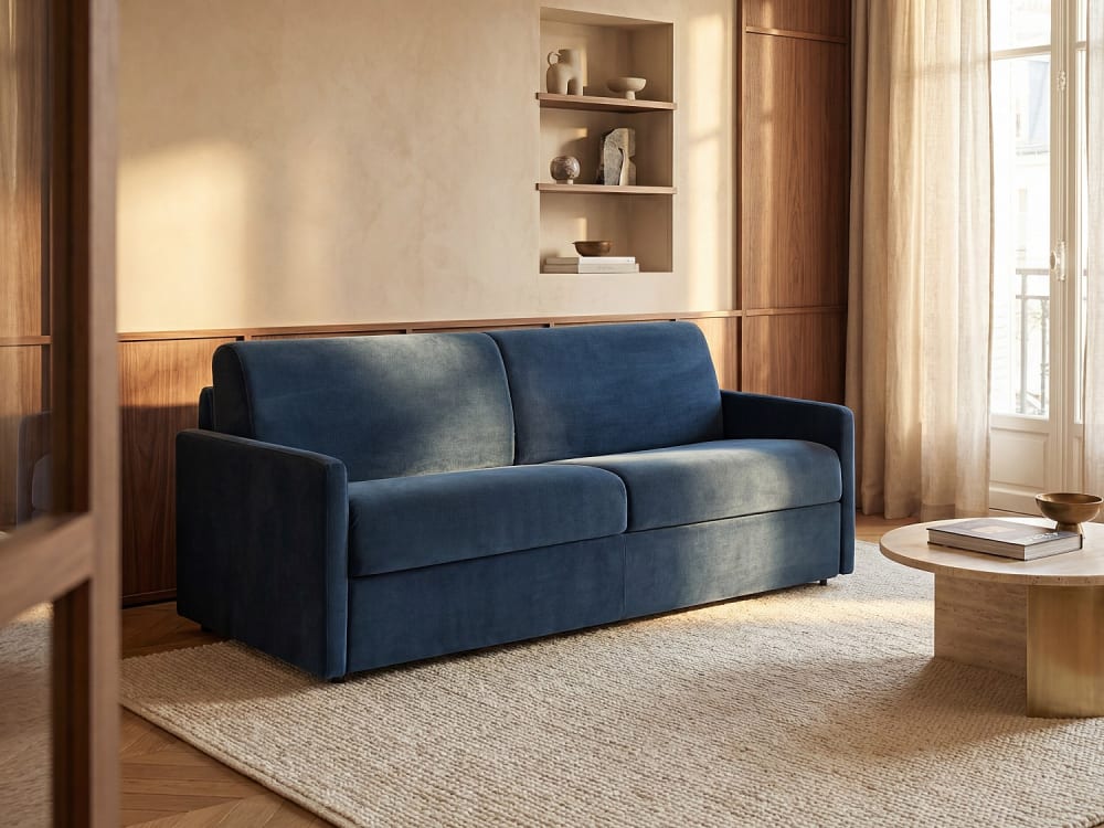 Canapé 3 places convertible express en velours bleu nuit - Couchage 140 cm - Matelas 18 cm CALIFE