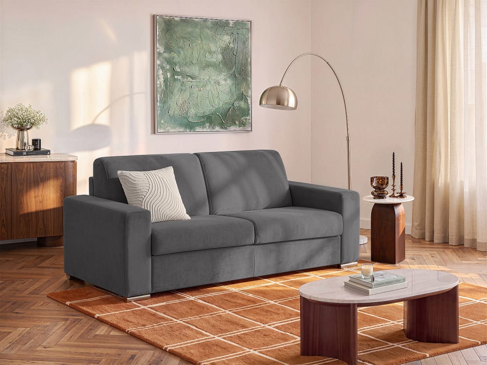 Canapé 3 places convertible express en velours anthracite - Couchage lattes larges 140 cm - Matelas 18 cm CALITO
