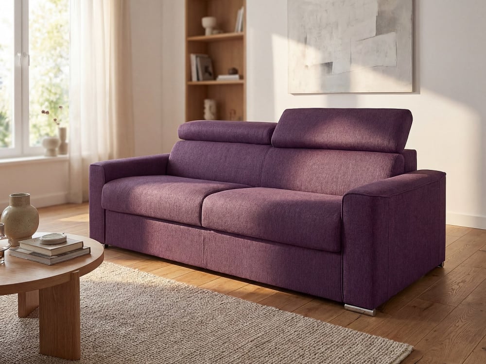 Canapé 3 places convertible express en tissu violet - couchage 140 cm - Matelas 14 cm avec mémoire de forme VIZIR