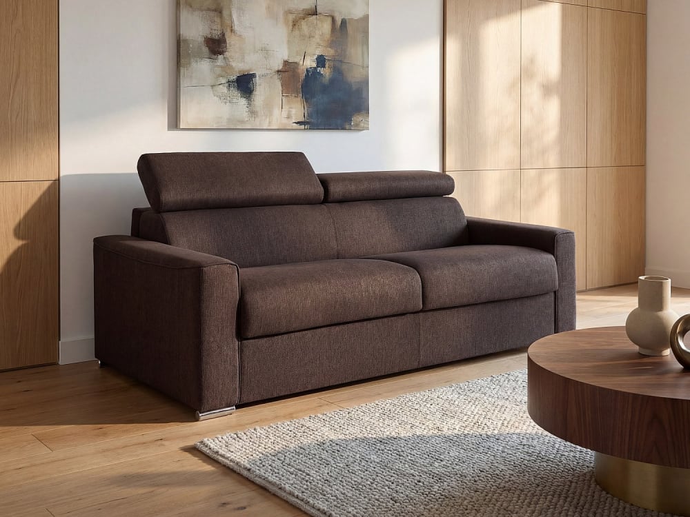 Canapé 3 places convertible express en tissu marron - Couchage 140 cm - Matelas 14 cm VIZIR