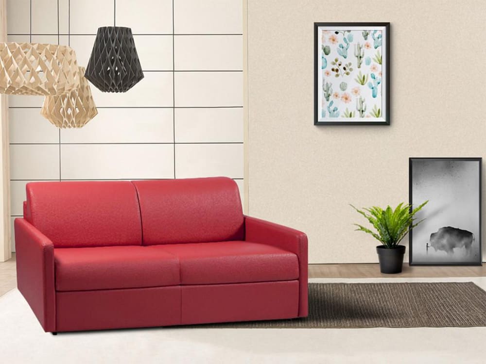 Canapé 3 places convertible express en simili rouge - Couchage à lattes larges 140 cm - Matelas 18 cm CALIFE
