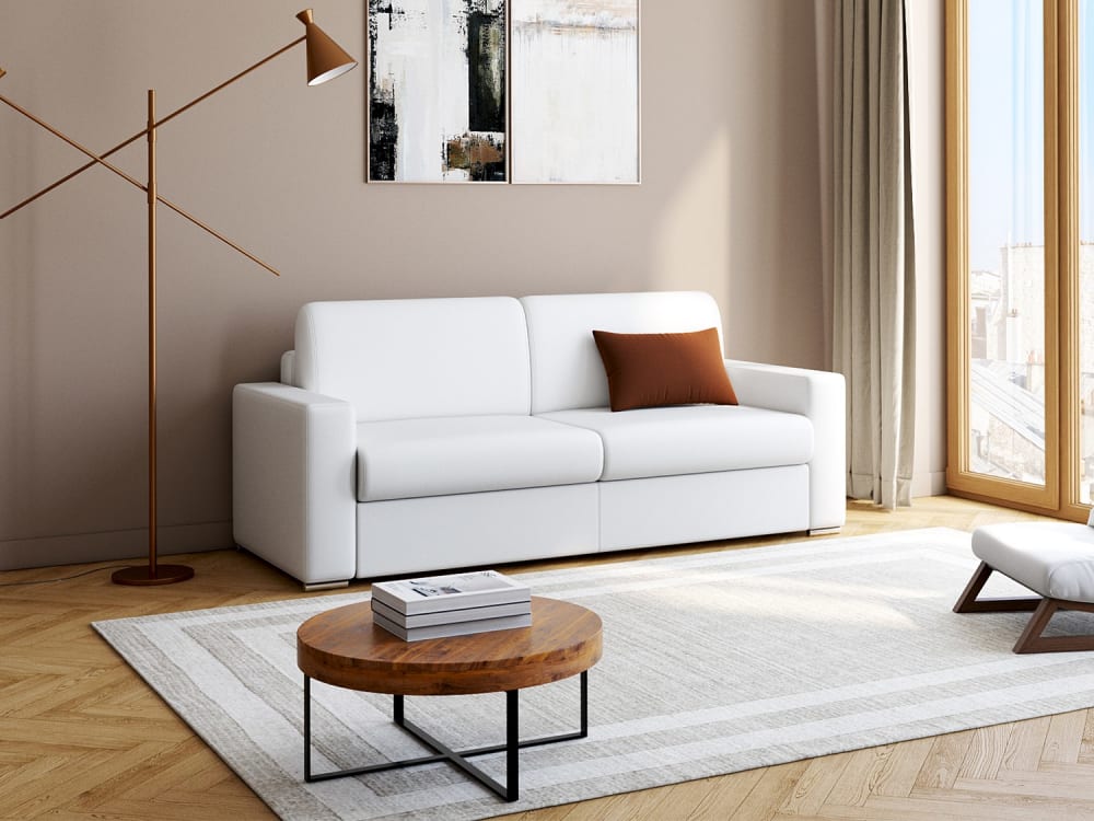 Canapé 3 places convertible express en simili blanc - Couchage 140 cm - Matelas 16 cm avec mousse à mémoire de forme CALITO