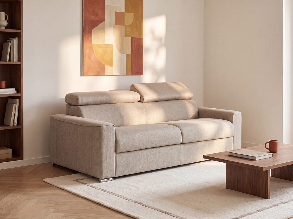 Canapé 3 places convertible express en tissu beige - couchage 140 cm - Matelas 14 cm avec mémoire de forme VIZIR