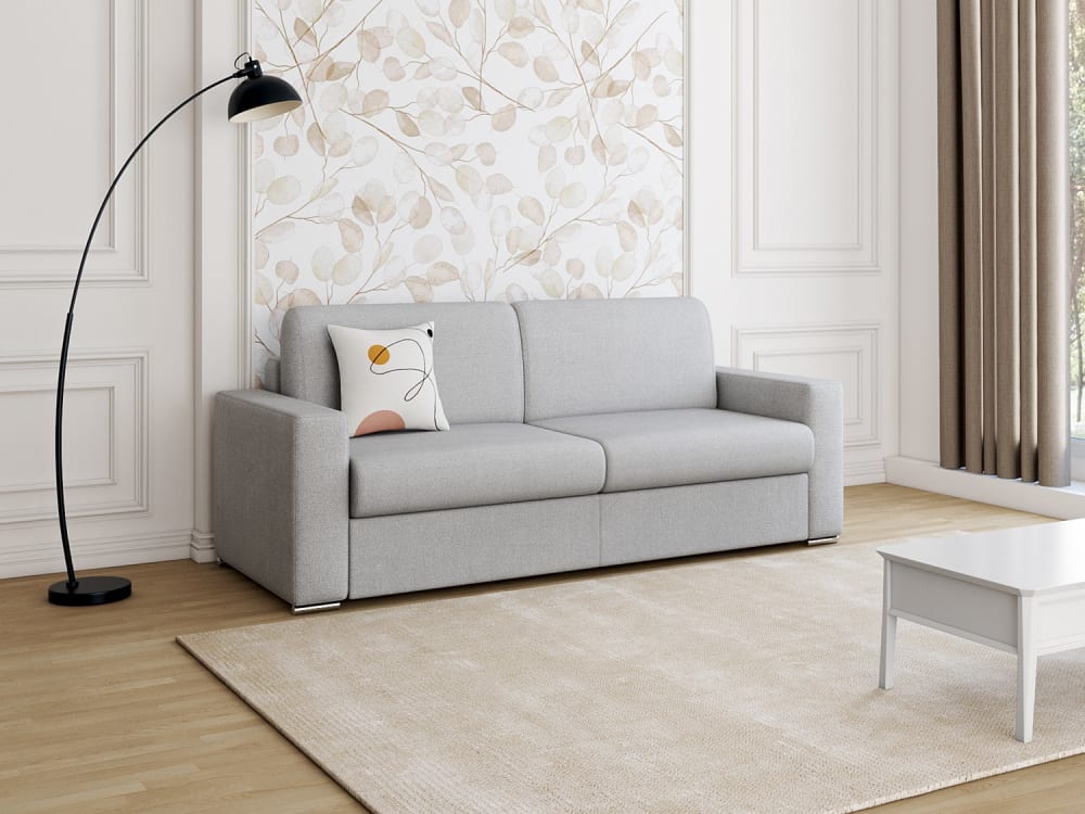 Canapé 3 places convertible express en tissu chiné gris- Couchage lattes larges 140 cm - Matelas 14 cm avec mémoire de forme