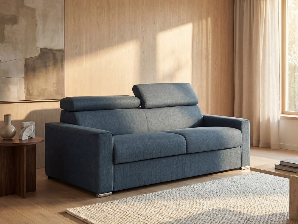 Canapé 3 places convertible express en tissu bleu - couchage 140 cm - Matelas 14 cm VIZIR