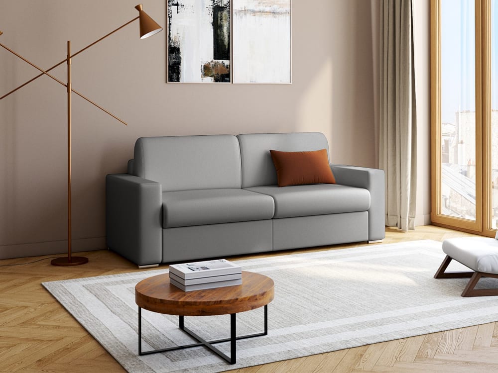 Canapé 3 places convertible express en simili gris - Couchage 140 cm - Matelas 18 cm CALITO