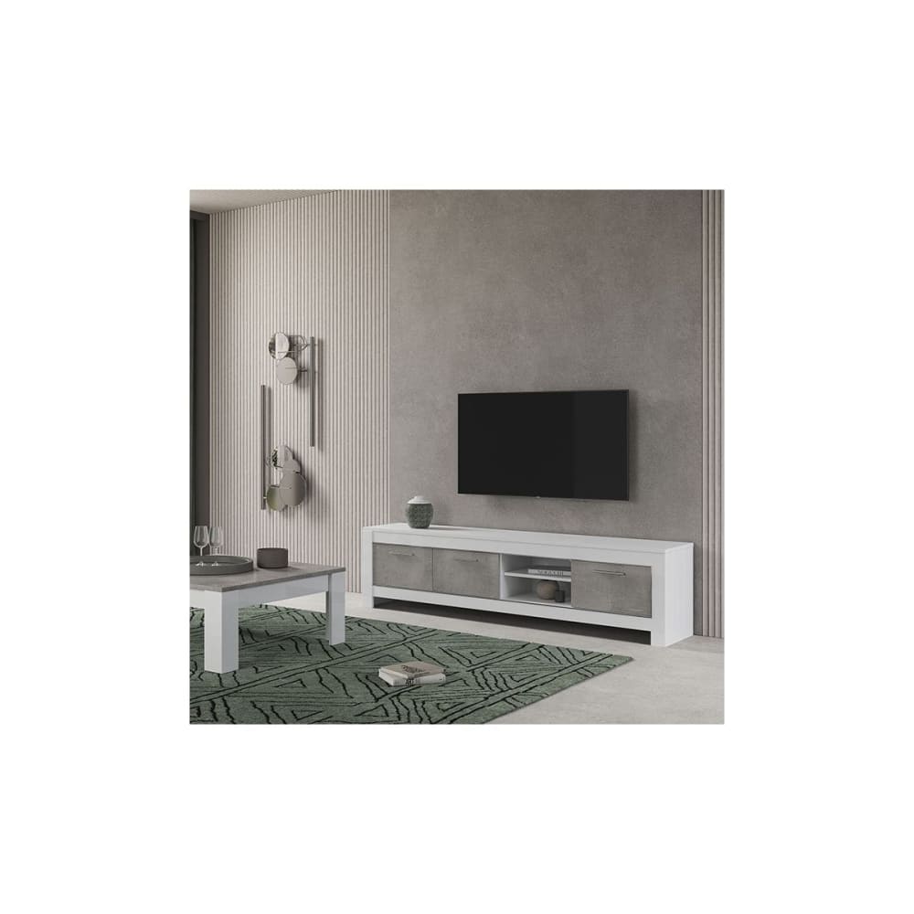 DENAE - Meuble TV 3 Portes L207cm Laqué Blanc Brillant et Gris Marbré