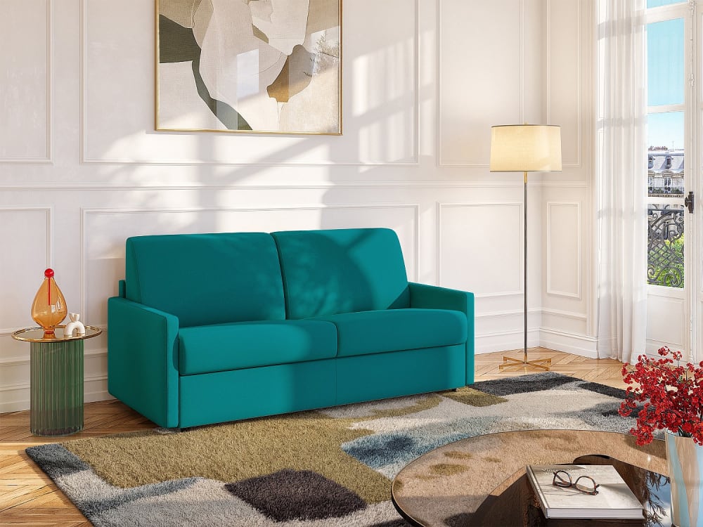 Canapé 4 places convertible express en tissu bleu turquoise - Couchage à lattes larges 160 cm - Matelas 18 cm CALIFE