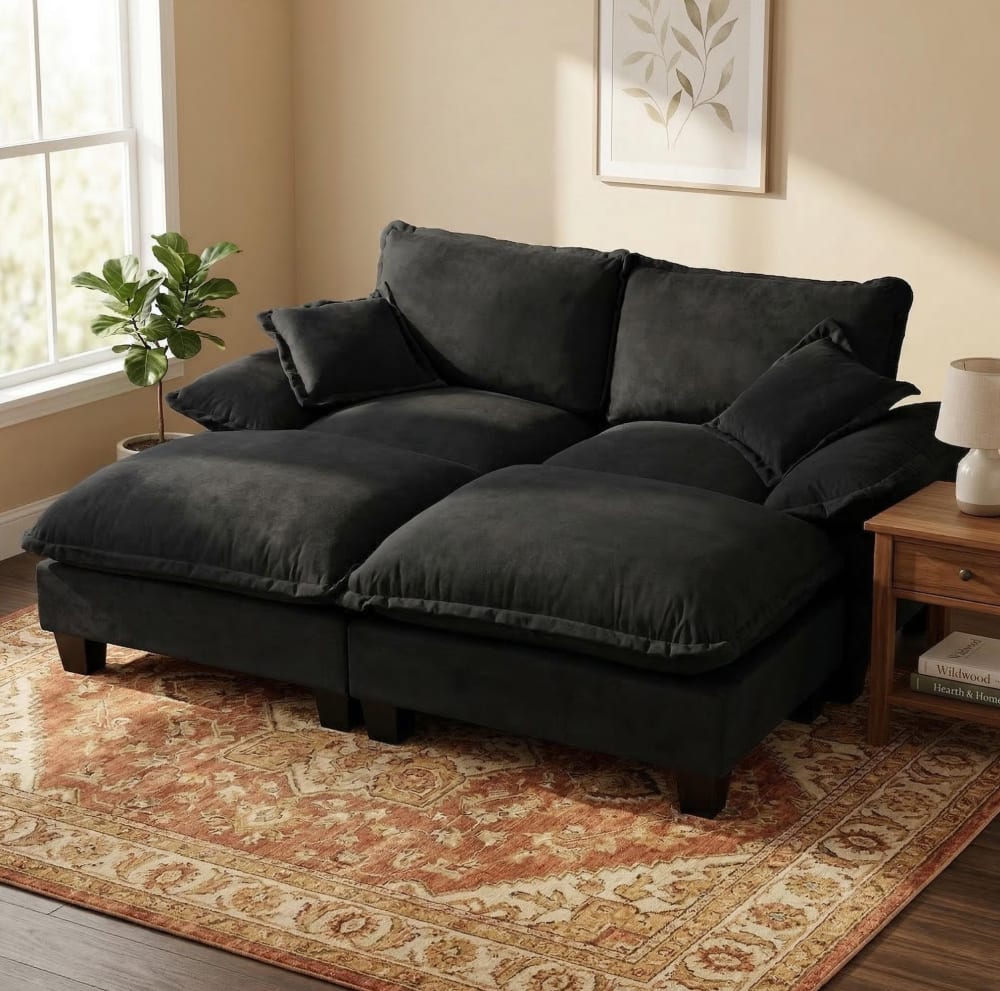 Canapé D'Angle Modulable Avec Ottoman Amovible, En Chenille Noire, 194x151x90 Cm