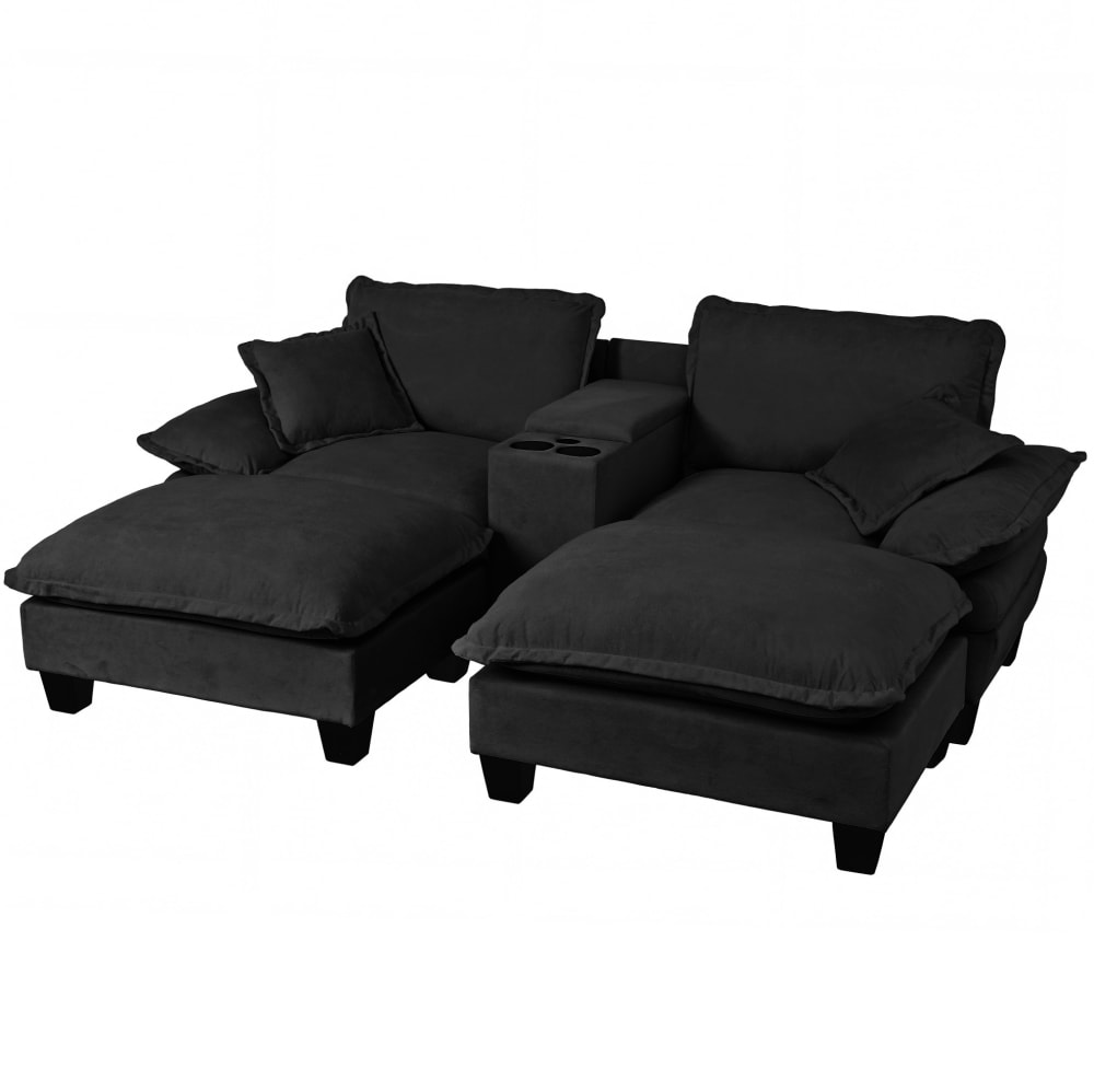 Canapé D'Angle Modulable Avec Ottoman Amovible, Ports Usb, Rangements Et Porte-gobelets, En Chenille Noire