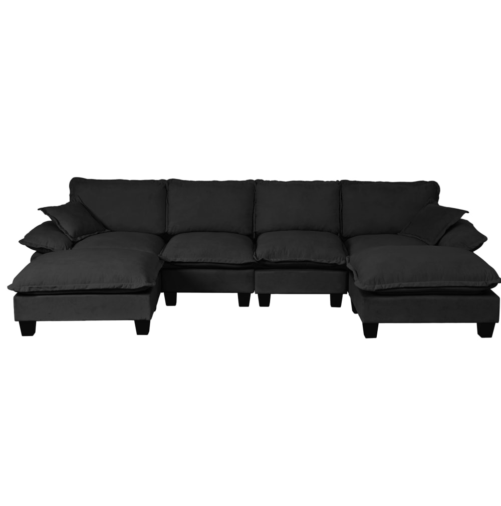 Canapé D'Angle Modulable 6 Places Avec Ottoman Amovible, En Chenille Noire, 332x151x90 Cm