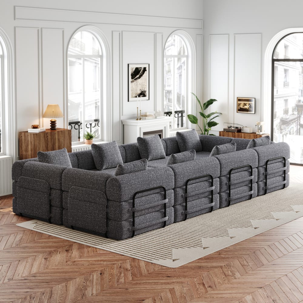 Canapé Modulable Velours 2 en 1 avec Rangement Intégré et Structure Métal, 6 Places, Gris