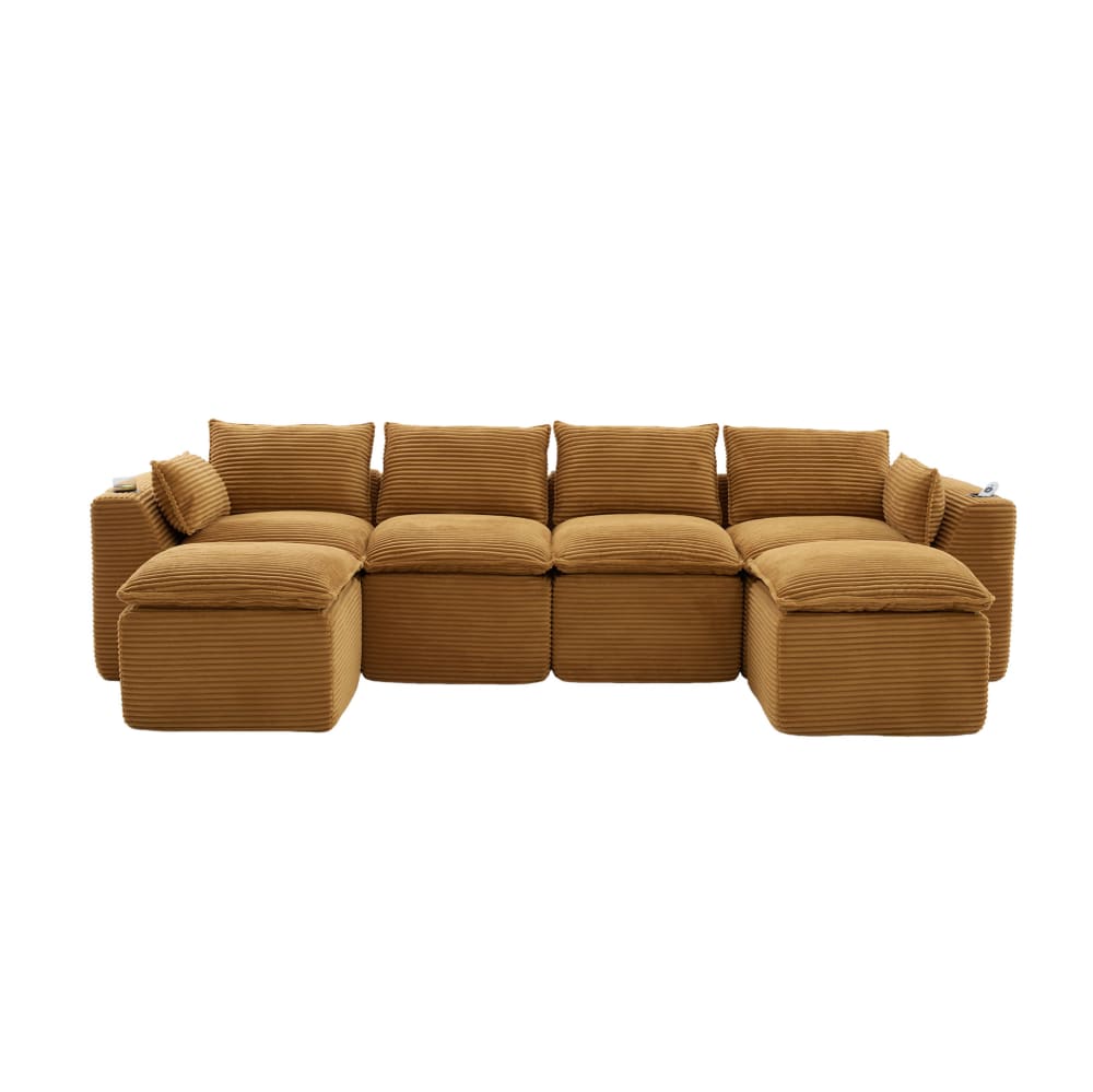 Canapé Modulaire 4 Places Avec 2 Poufs, Coussins, Poches Latérales Et Porte-gobelets En Velours Côtelé Orange