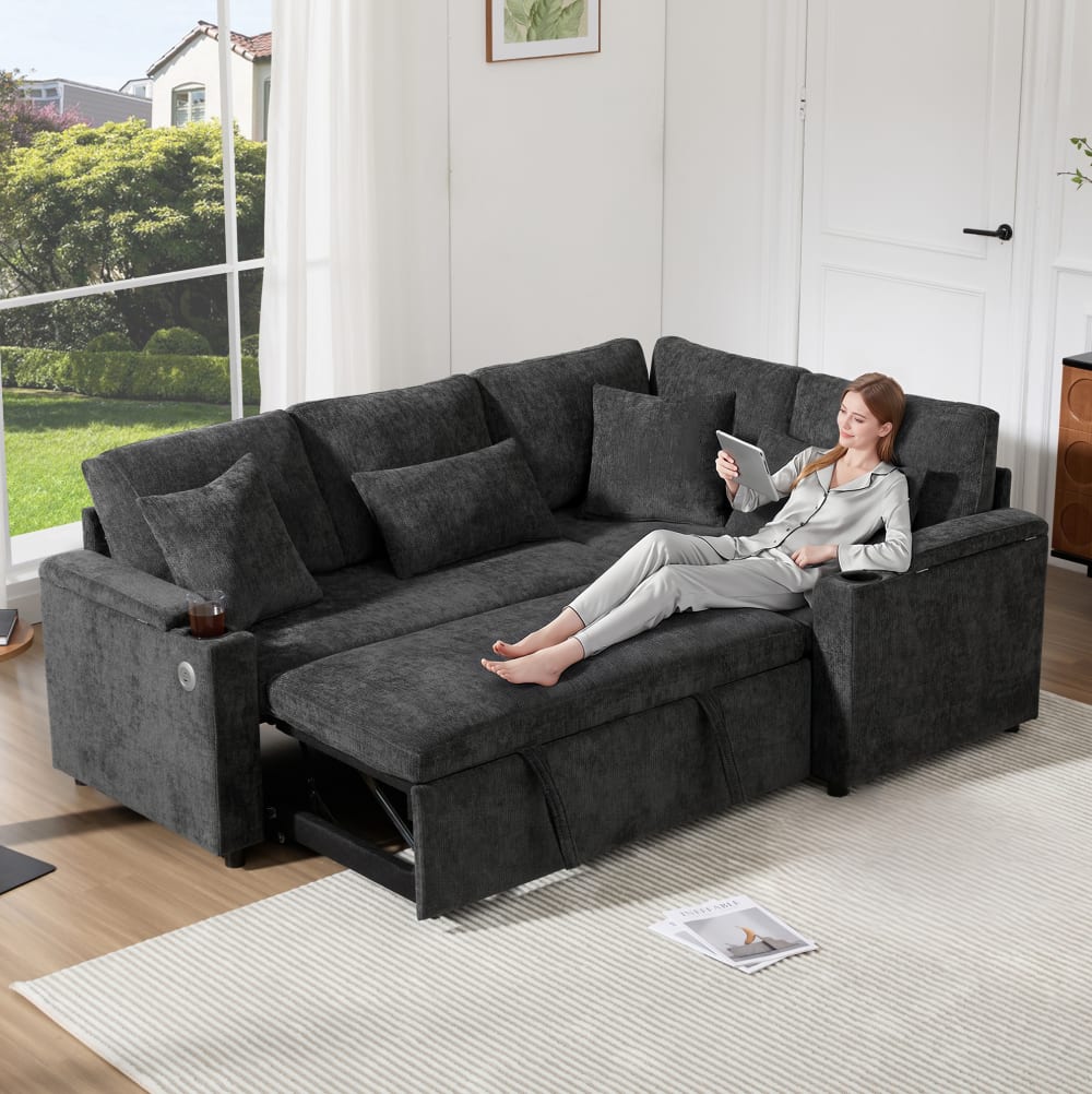 Canapé d'Angle Convertible - avec Coffre de Rangement, Porte-Gobelets et Ports USB - 4 Coussins Inclus - Gris