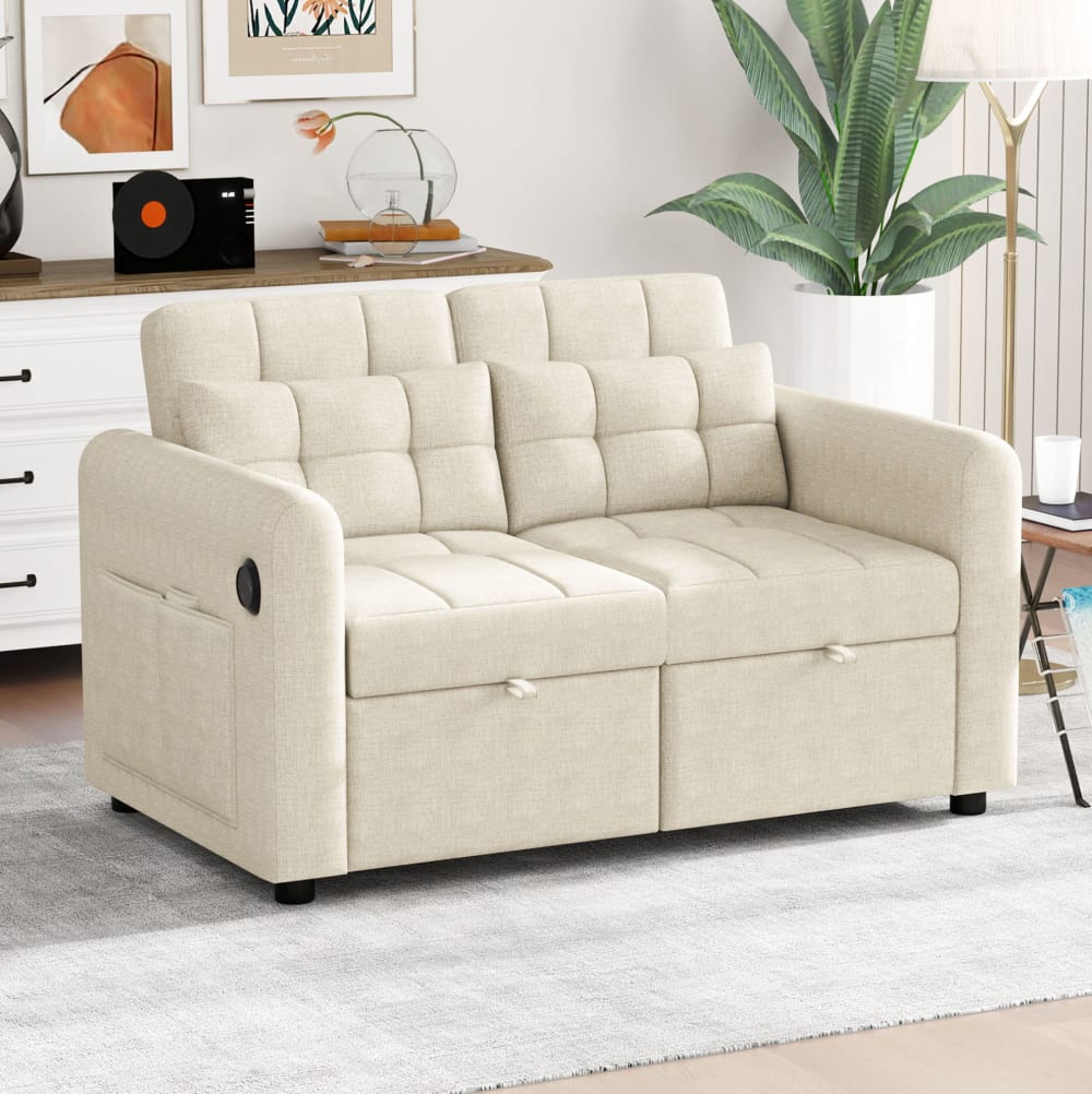 Canapé-Lit Convertible 2 Places - Canapé Pliable avec Dossier Réglable et Poches Latérales - Toile de Coton - Beige