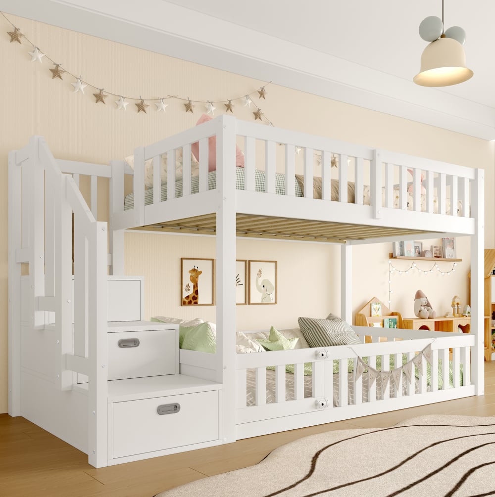 Lit superposé bas 90x200 cm en pin et MDF blanc avec échelle de rangement