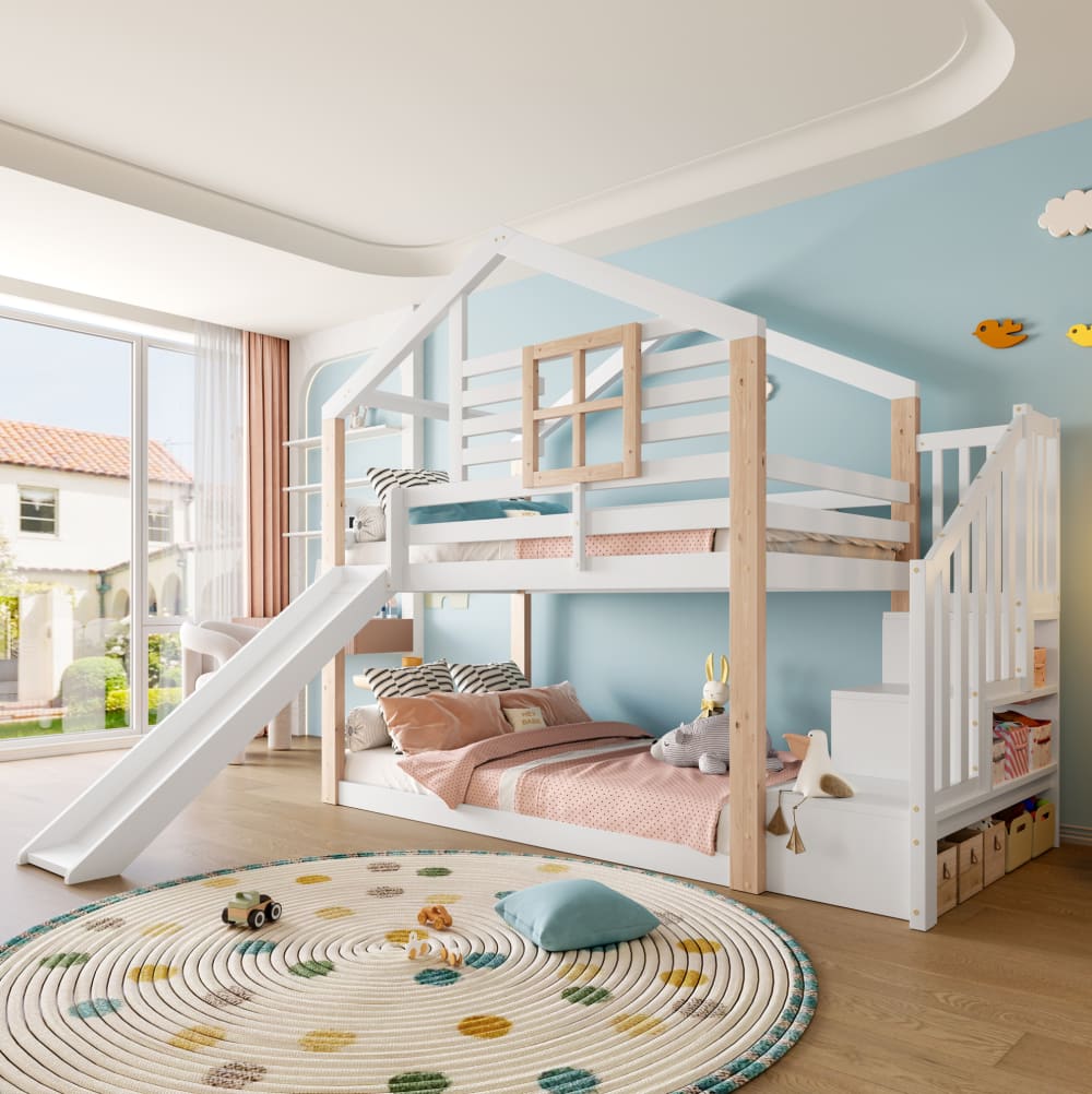 Lit superposé enfant 90x200 cm avec toboggan, escalier rangement, bois blanc