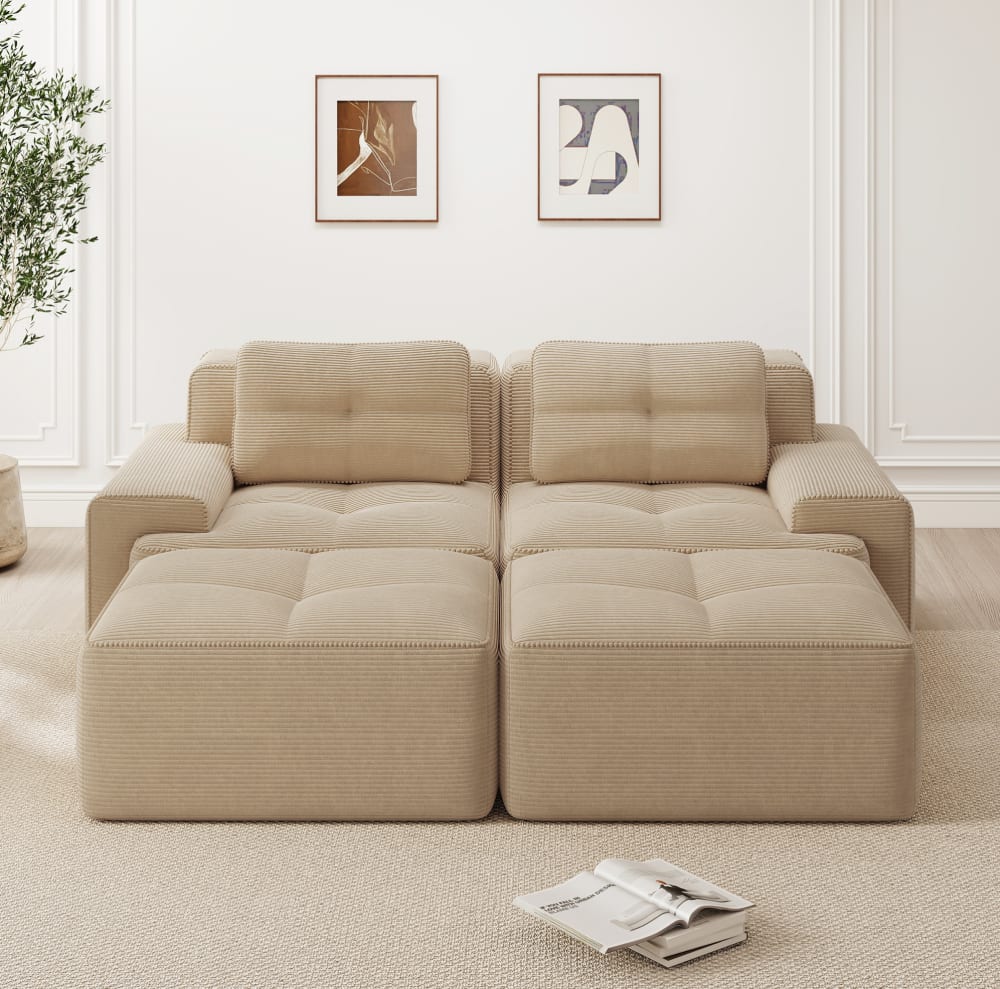Canapé modulable en velours côtelé beige avec assise profonde de 74 cm