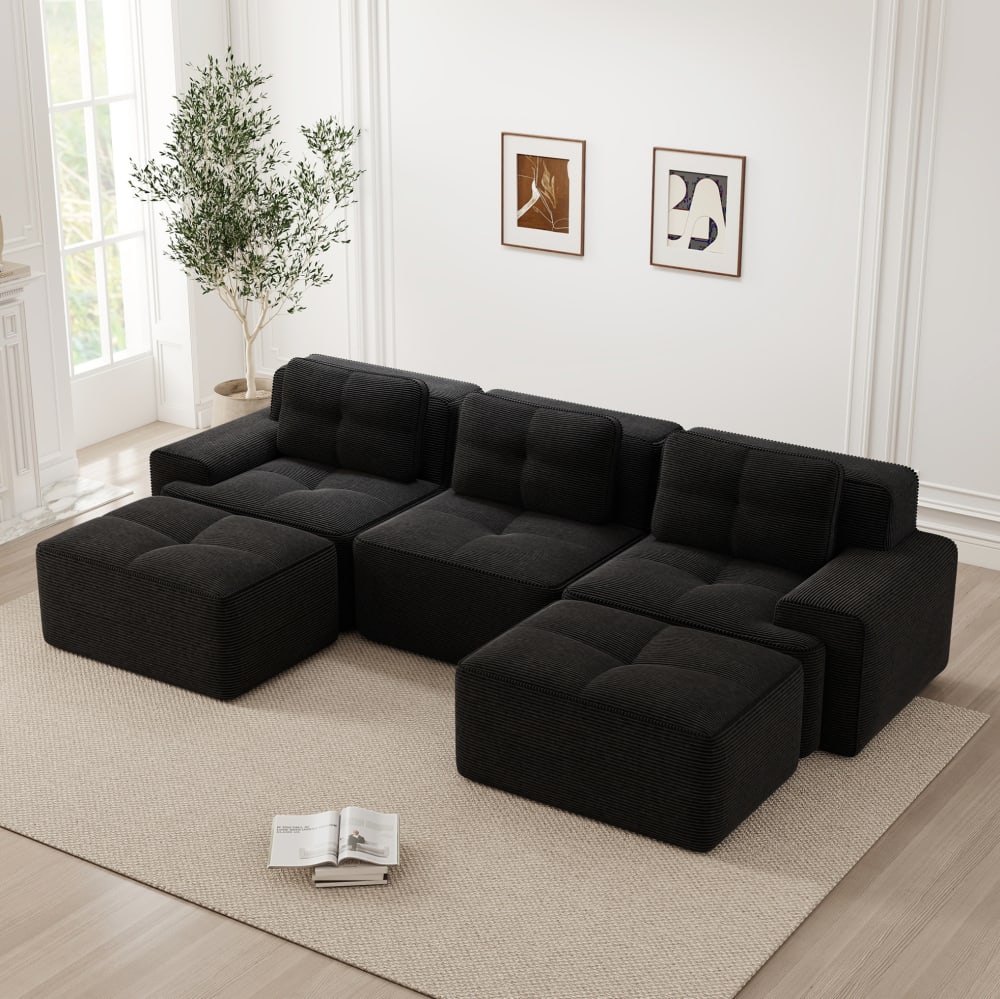 Canapé modulable en velours côtelé noir sans montage avec modules réarrangeables