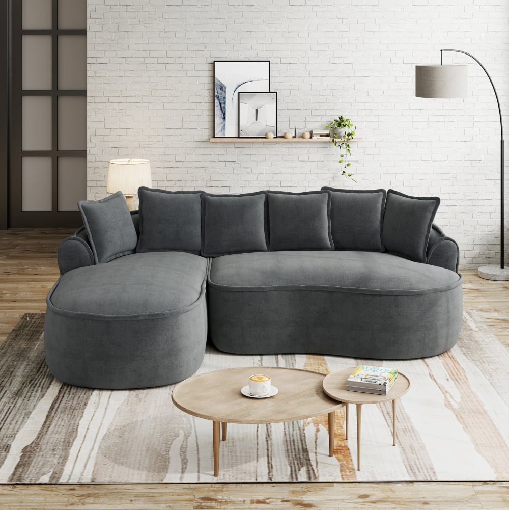 Canapé modulable gris en chenille avec méridienne, assise profonde et sans montage pour salon